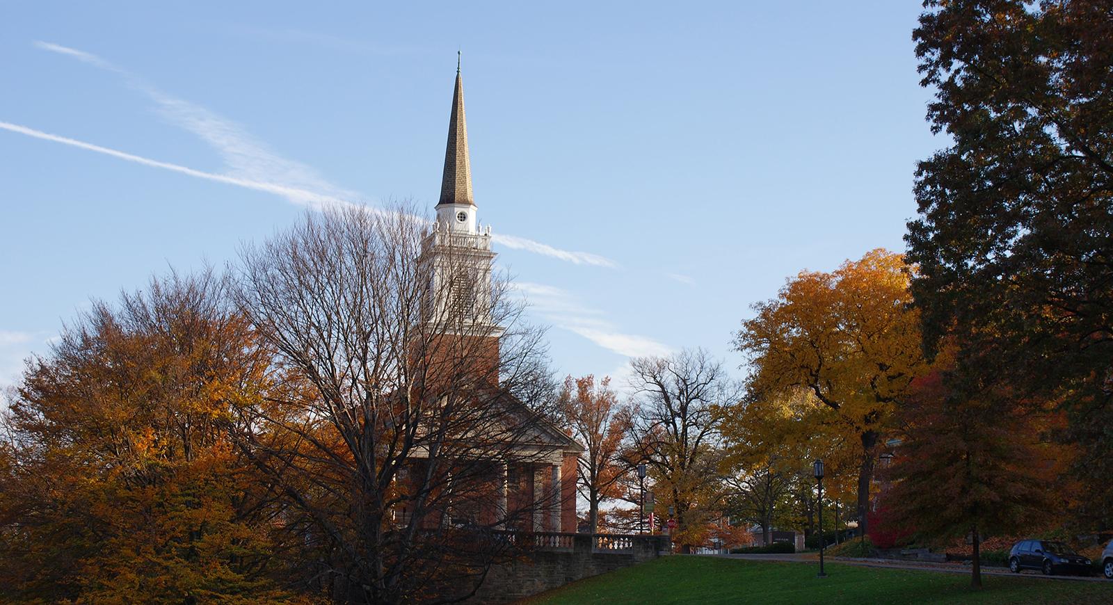 Photo of the chapel on Chatham University's Shadyside Campus, in autumn